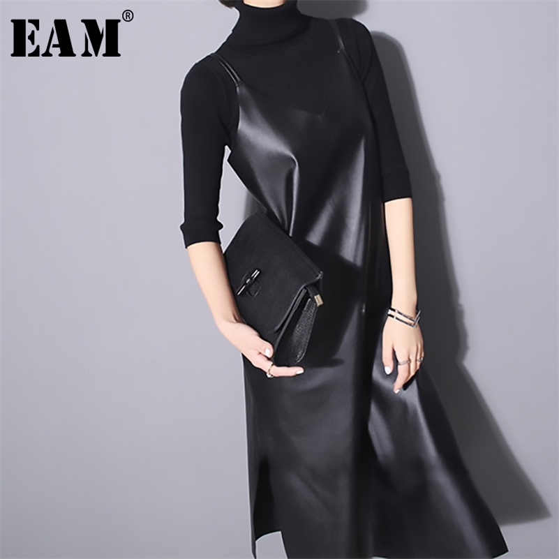 EAM Spring Summer Strapless Sleeveless Black Pu Leather Loose Brief Dres Fashion Allmatch JO287 210309