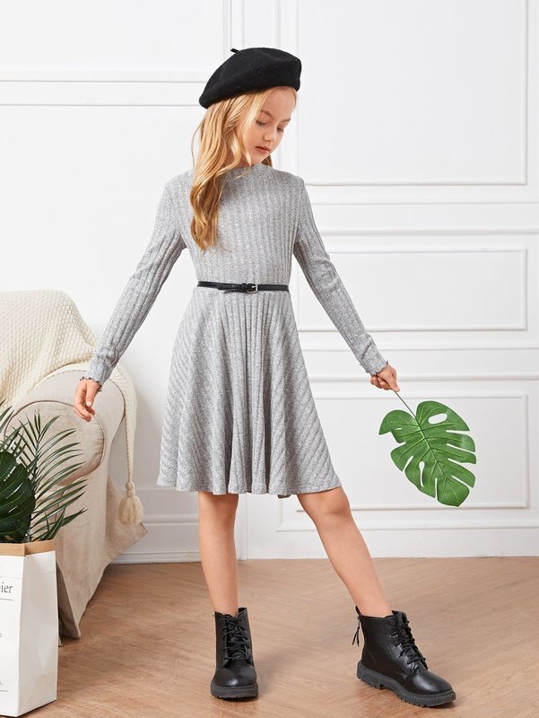 Girls Mock Neck Ribbed Knit Dress Without Belt SHE