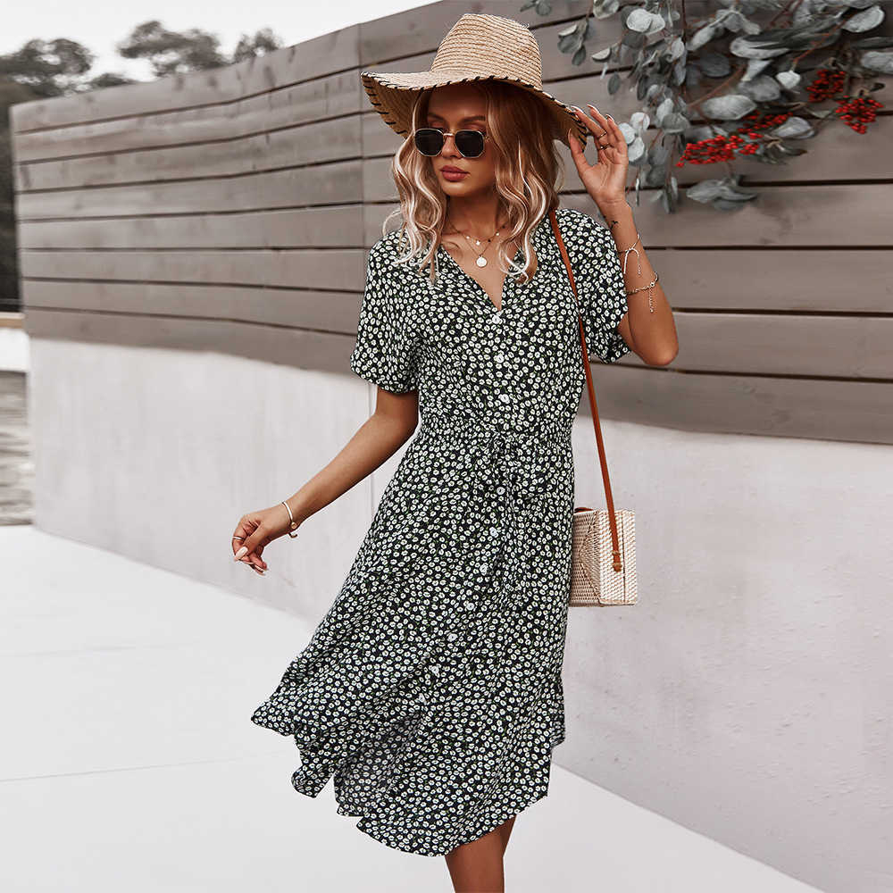 Ladies Vintage Maxi Floral Print Summer Dress Women Casual High Waist Button Bohemian Bandage Women Beach Dress Female Vestidos 210630