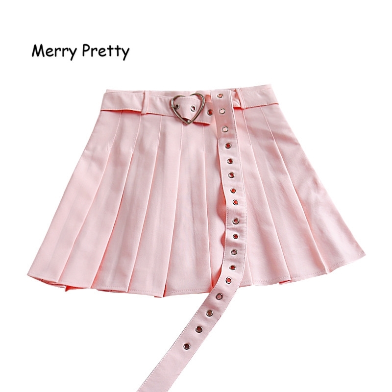 Harajuku Solid Pleated Skirt High Waist Pink A-Line Skirt Cute Korean Uniform Female Kawaii Women Bottom Midi Skirt heart Sashes 210309