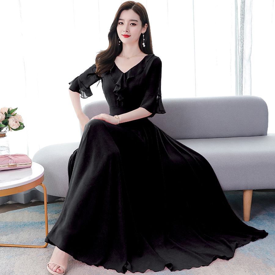 Quality 2021 High Solid Chiffon Sweet Maxi Dress Summer Vintage 4XL Plus Size Midi Sundress Women Elegant Bodycon Party Vestidos C0304