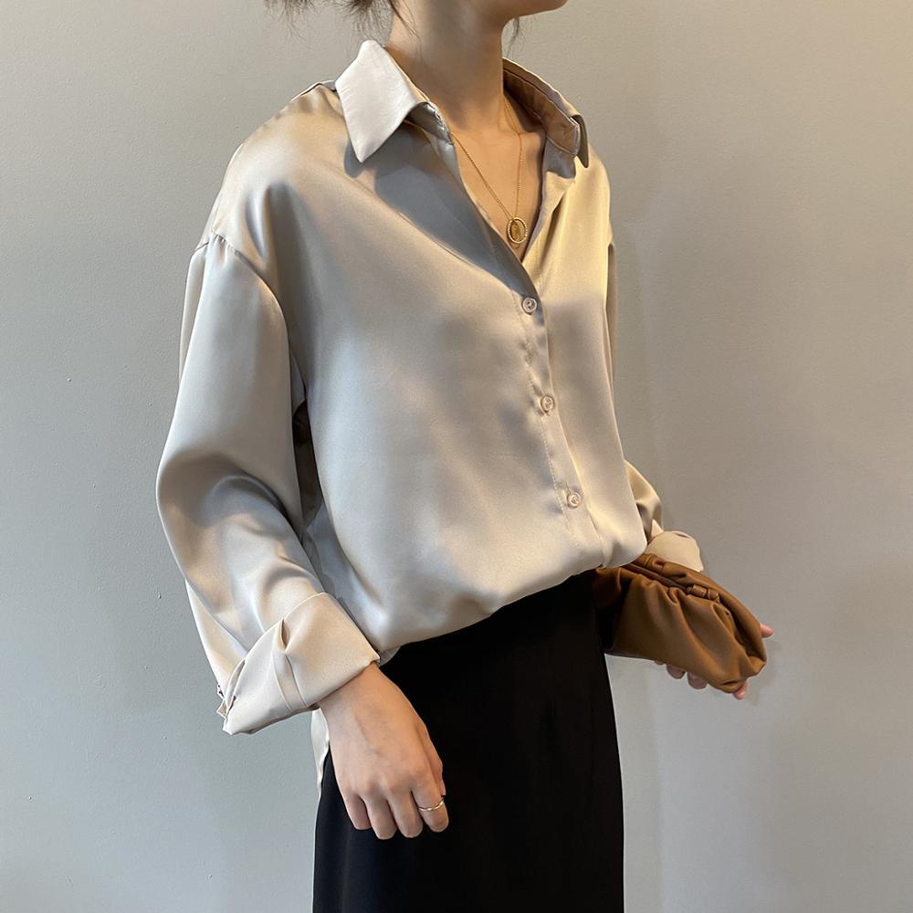 Autumn Women Satin Black Blouse Shirt Vintage Long Sleeves Femme V Neck Street Shirts Elegant Fashion Blouse Shirts 210225