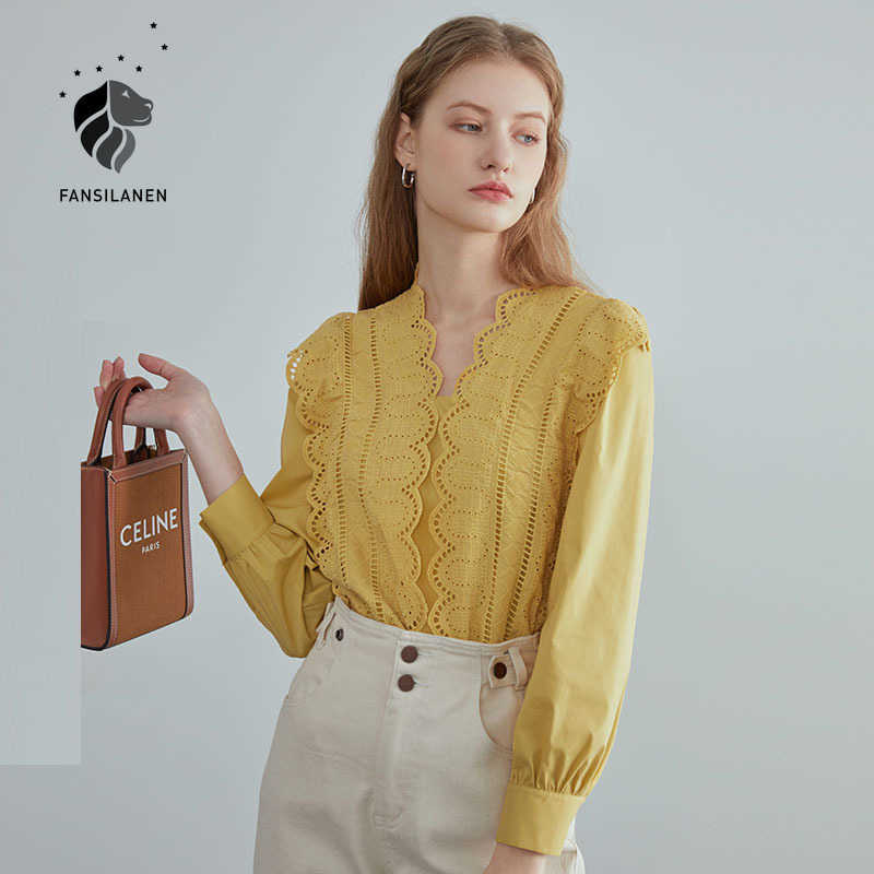 FANSILANEN Casual white lace blouse shirt Women long sleeve v neck yellow spring top Female elegant office ladies 210607
FANSILANEN Casual white lace blouse shirt Women long sleeve v neck yellow spring top Female elegant office ladies 210607