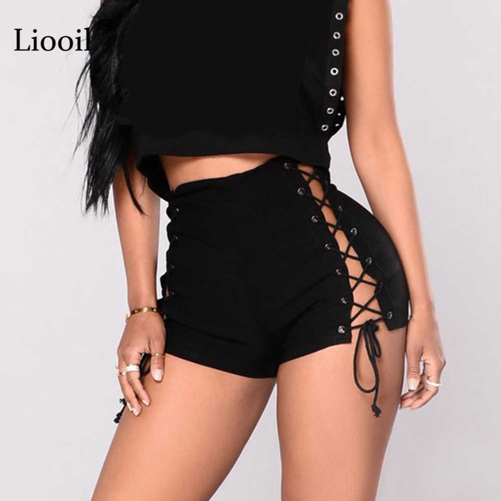 Liooil Sexy Bandage Jeans Shorts Women Rave Clothes Streetwear Hollow Out High Waist Jean Short Black Bodycon Denim Shorts 210611