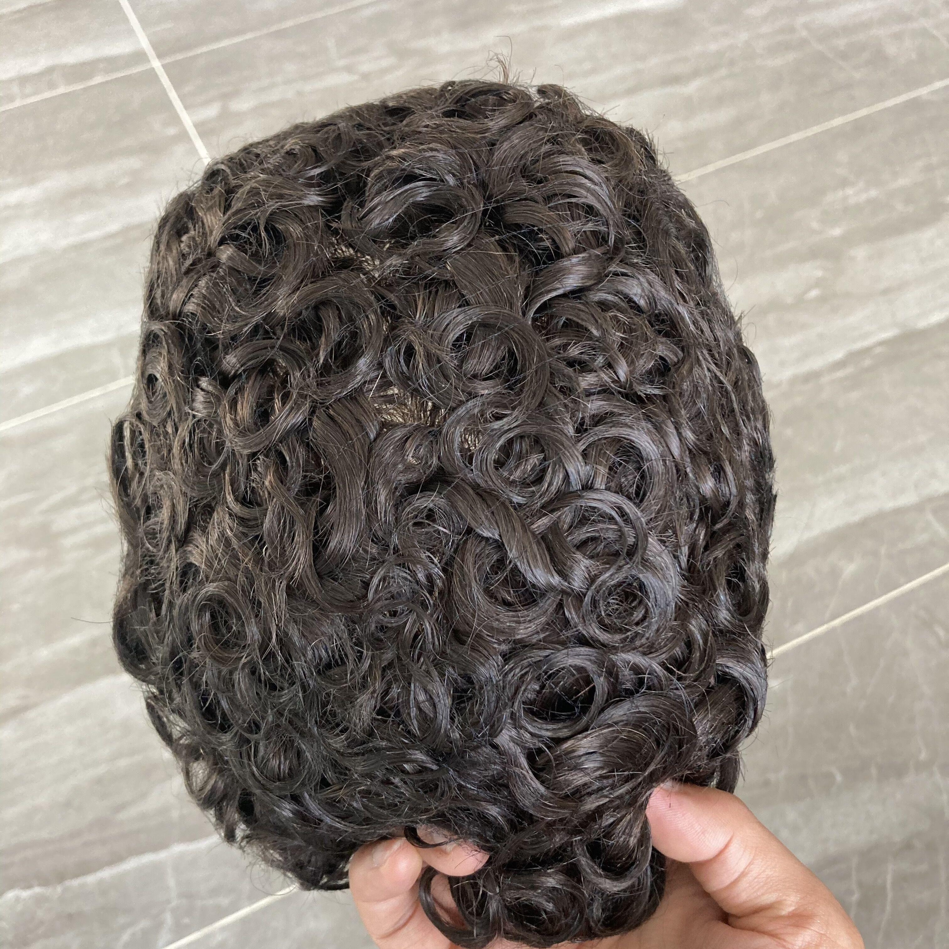 Men's Wig 20MM Curly Machine Injected Technical Skin Base Human Hair Toupee Replacement System Full Machine #1B Color 8x10inch