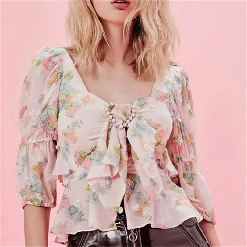 Women's Blouses & Shirts Summer Floral Print Chiffon Blouse Women Sweet Ruffled V Neck Three Quarter Sleeve Streetwear Ladies Tops Blusas Mu, White
Women's Blouses & Shirts Summer Floral Print Chiffon Blouse Women Sweet Ruffled V Neck Three Quarter Sleeve Streetwear Ladies Tops Blusas Mu, White