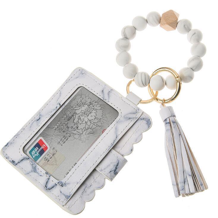 US Stock Fashion PU Leather Bracelet Wallet Keychain Party Favor Tassels Bangle Key Ring Holder Card Bag Silicone Beaded Wristlet Keychains Handbag