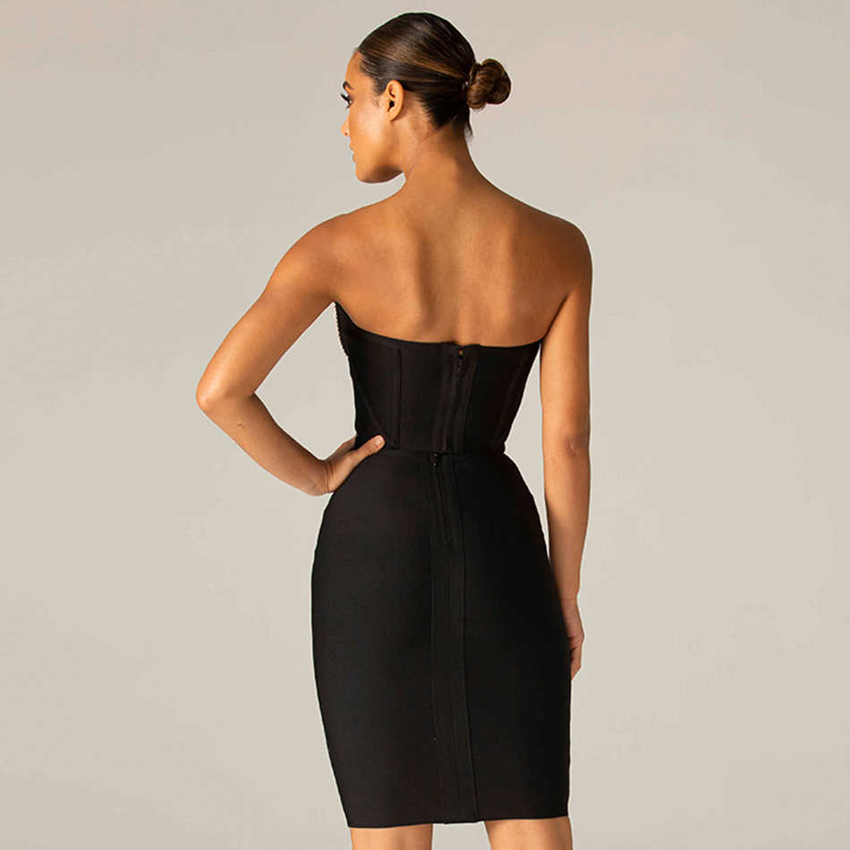 Summer Ladies Black Crystal Tight Bandage Suit 2 Two-Piece Sexy Sleeveless Strapless Top Celebrity Party Set 210525