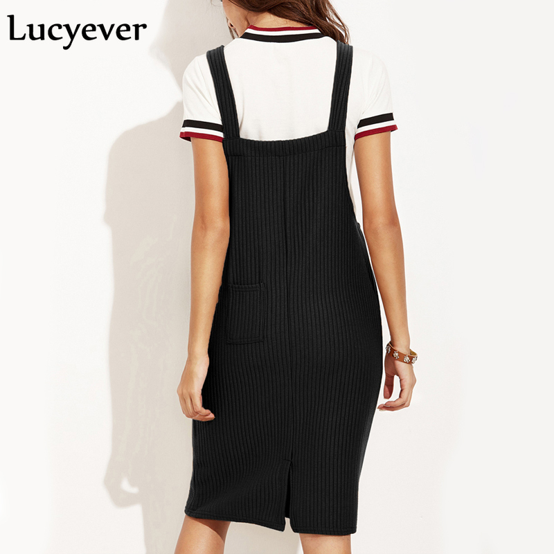 Lucyever Vintage Elastic Women Midi Dress Spring Autumn Strap Suspender Female Dress Casual Pocket Black Sleeveless Vestido 210309
