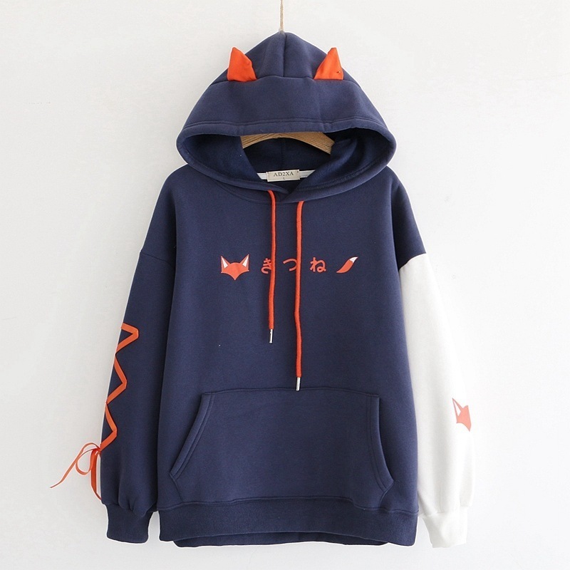 Thicken Sweet Style Hooded Sweatshirts Women Autumn Winter Fox Print Hit Color Loose Hoodies Student Cute Fleece Warm Clothing 201211