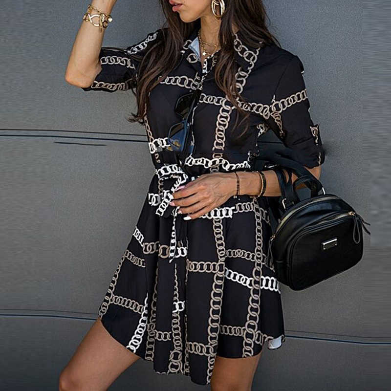 Style Vintage Chains Plaid Print Dresses Office Lady Turn-Down Collar Elegant Dress Casual 3/4 Sleeve Sashes Slim Mini 210630