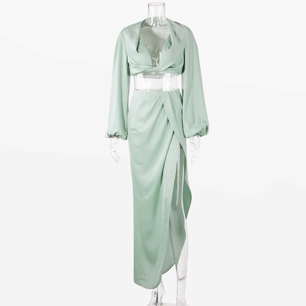 Karlofea 2 Piece Set Women Summer Beach Vacation Outfits Sexy Cropped Blouse Shirts High Split Long Skirt Matching Suit Clothes 210708