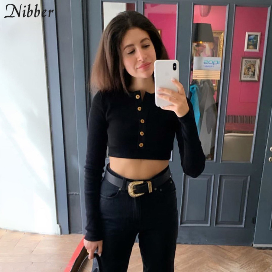 NIBBER Black white simple office lady knitting Crop top TShirts women autumn slim longsleeve street casual tee shirs top mujer T200512