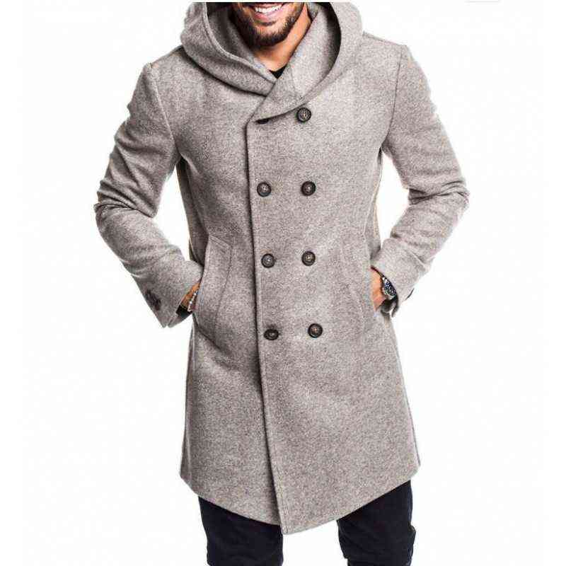 Riinr European and American Men Hooded Woolen Coat Men Double-breasted Long-sleeved Pocket Mid-length Trench Woolden Coat 211122