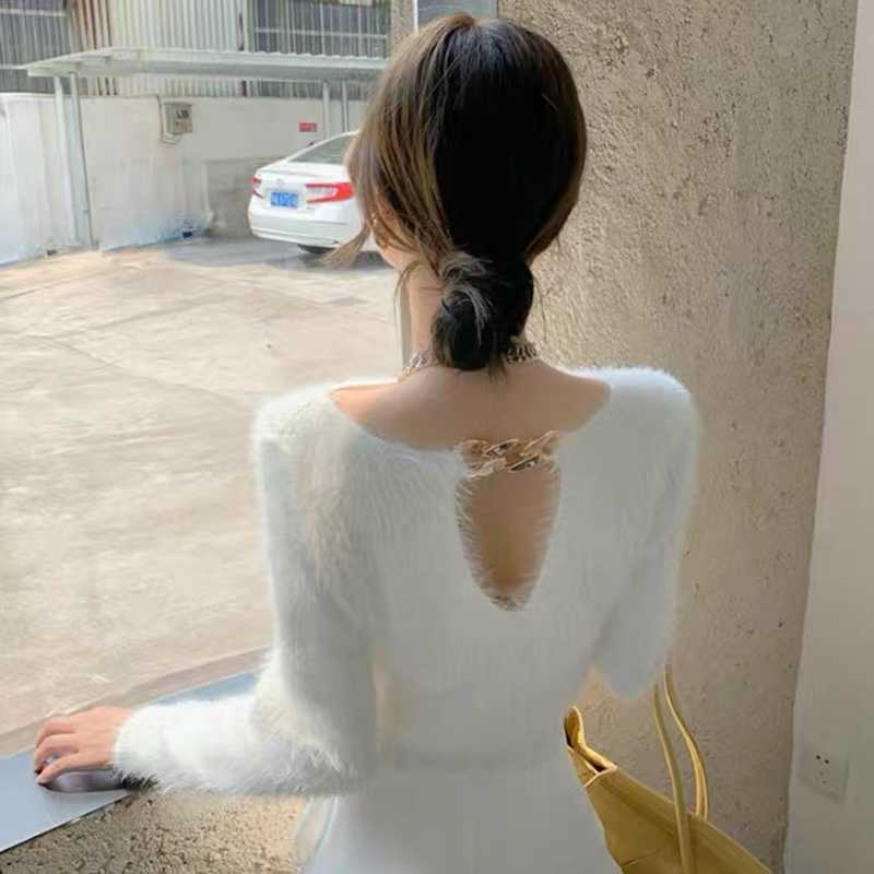 WOMENGAGA hairy Black long-sleeved short sweater hollow chain plush fleece top to keep warm autumn and winter tops 3JV5 210603