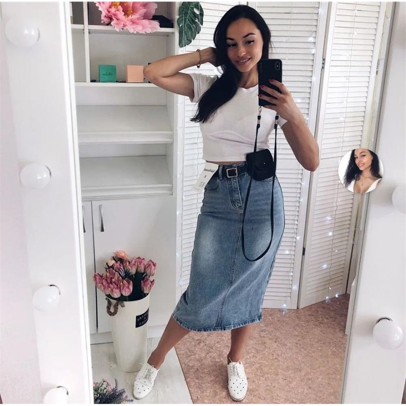 Long Denim Skirt Women Vintage High Wasit Jeans Skirt with Belt Plus Size Straight Aline Pencil Skirt Elegant Summer Chic T200324