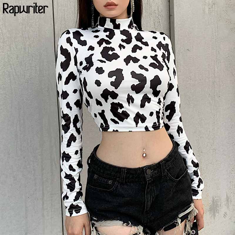 Skinny Tie Dye Women T Shirt Harajuku Slim Milk Cow Print Stand Collar Long Sleeve Sexy Crop Top Tee Fashion Clothes Rapwriter 210302