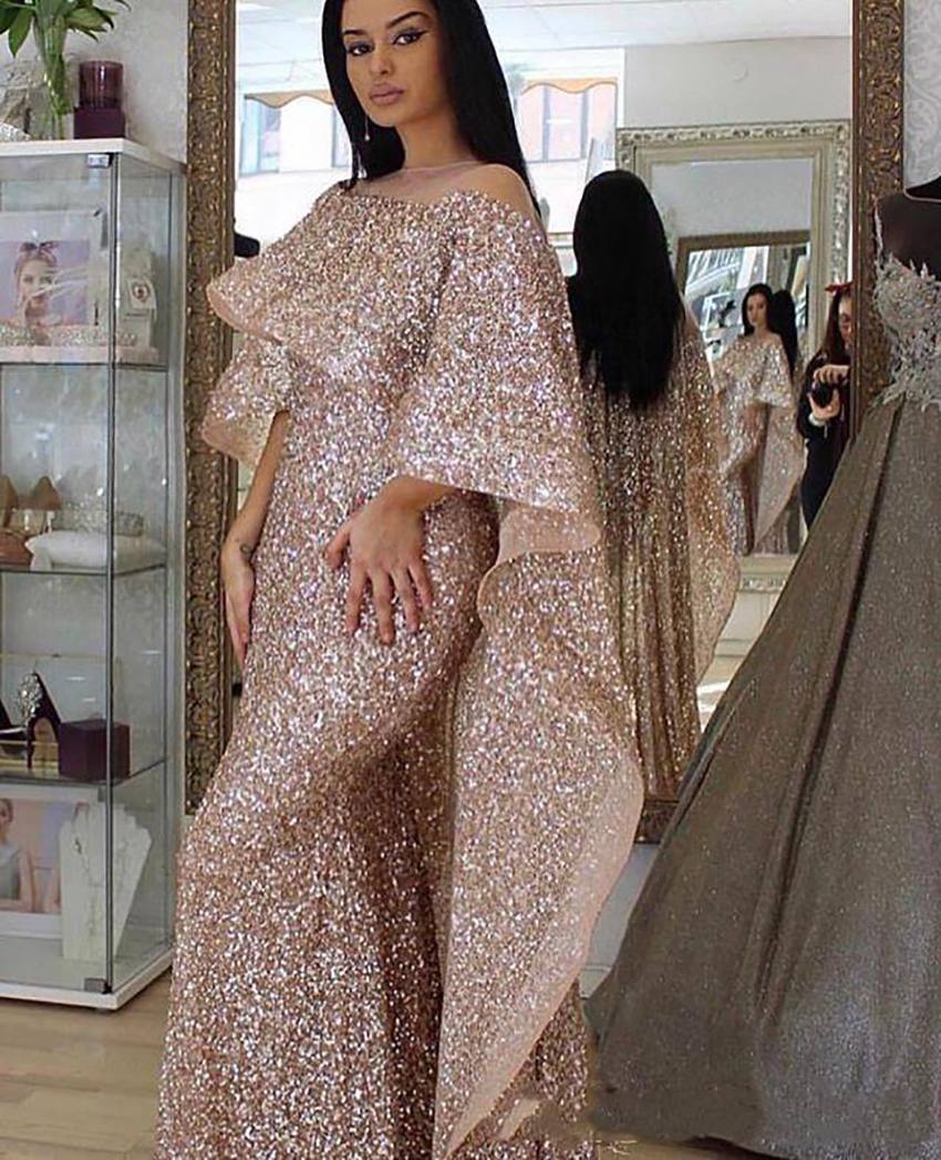 Elegant Arabic Rose Gold Mermaid Evening Dresses With Long Cape Wrap 2021 Glitter Sequined Women Formal Prom Party Gowns Sheer Jewel Neck