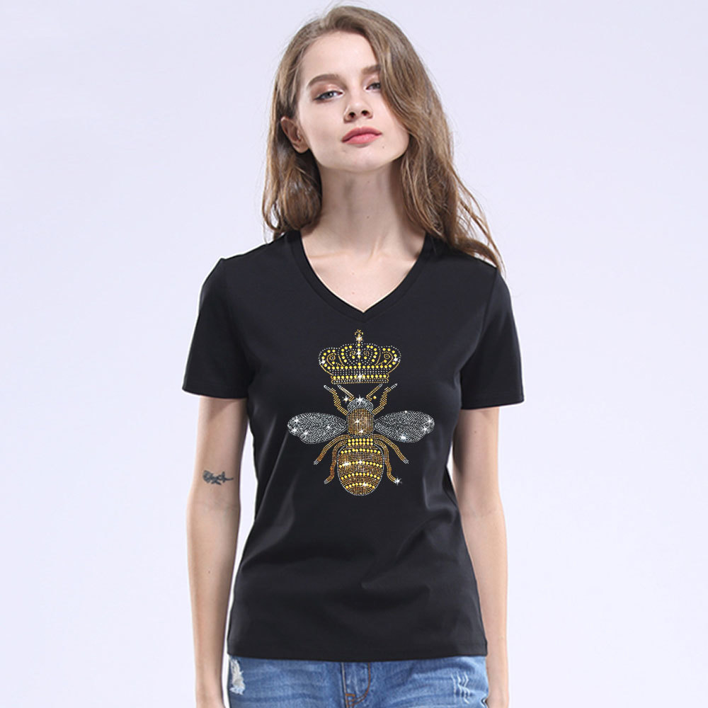 New Arrivals Casual Female T shirts Women Crown Bee diamond T Shirts Fashion Beaded Black/white rhinestone Ladies T-shirt 210306