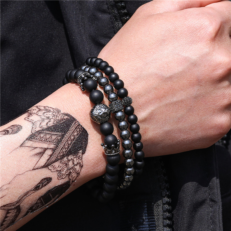 Natural Stone Beaded Mens Bracelet 2pcs/set Fashion Crown Lion Head Charm Bracelets Pulseras Masculina Jewelry