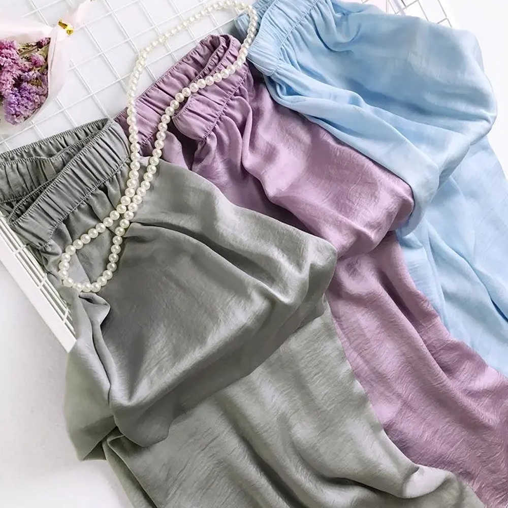 Wide leg pants Silk Women Summer Trousers Leg Loose Pants Ankle Length Casual trouser Elastic Waist RZBY110 211006