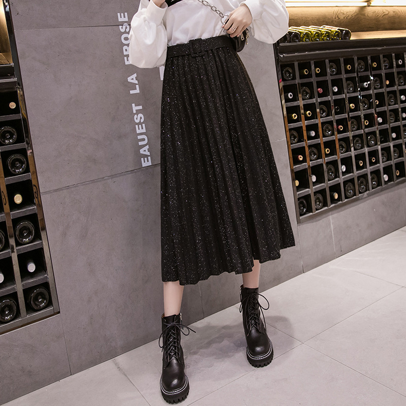 Women shiny skirt Women fashion retro Style High Waist pleated Skirt Autumn Winter office lady Thick warm skirts 210306