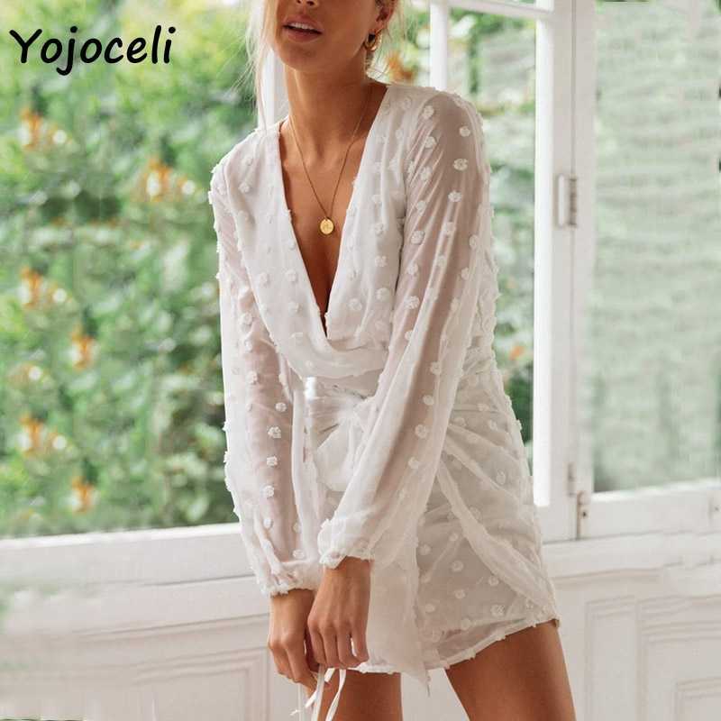 Yojoceli boho white chiffon jacquared dres v neck long sleeve chic female vestidos trendy autumn beach 210609