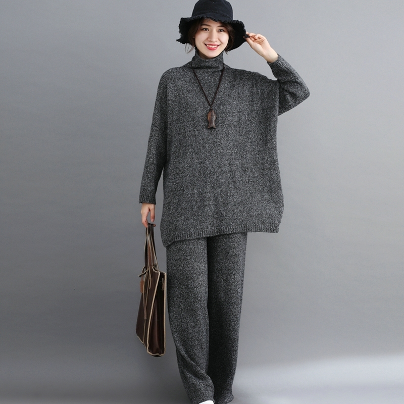 Plus size large Tracksuit knitted fot Women Outfits 2 Piece Set Winter Knitting Sweater Suit Top Loose Pants suit Female Clothes T200706