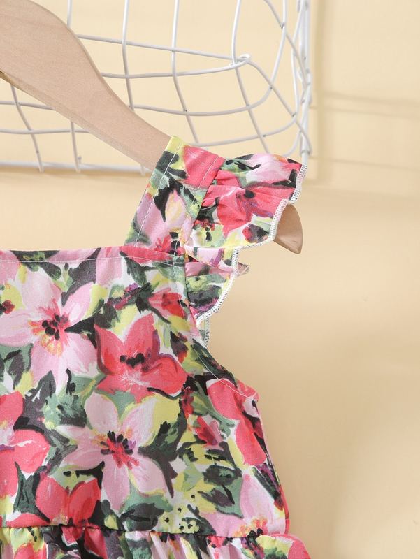 Toddler Girls Floral Print Ruffle Cuff Square Neck Dress SHE