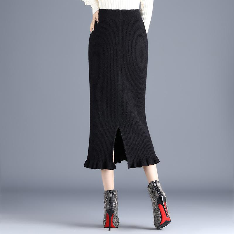 Skirts Autumn Winter Elastic High Waist Slim Black Two-sided Knitted Fishtail Skirt All-match Women Long