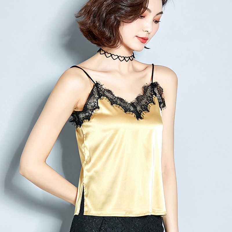 Korean Silk Women Tops Woman Lace V-neck Camisole Satin Tanks Plus Size Sexy Solid Camis Tees Halter 210531