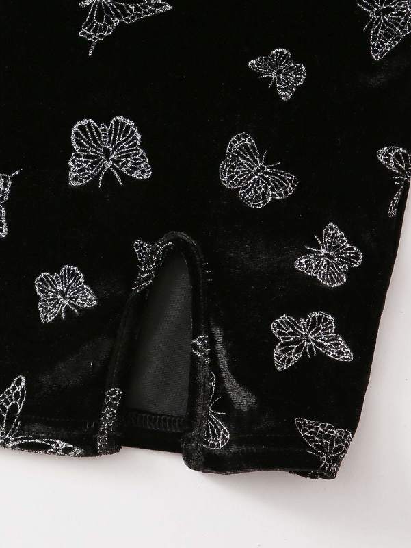 Girls Knot Strap Split Hem Butterfly Pattern Velvet Slip Dress SHE