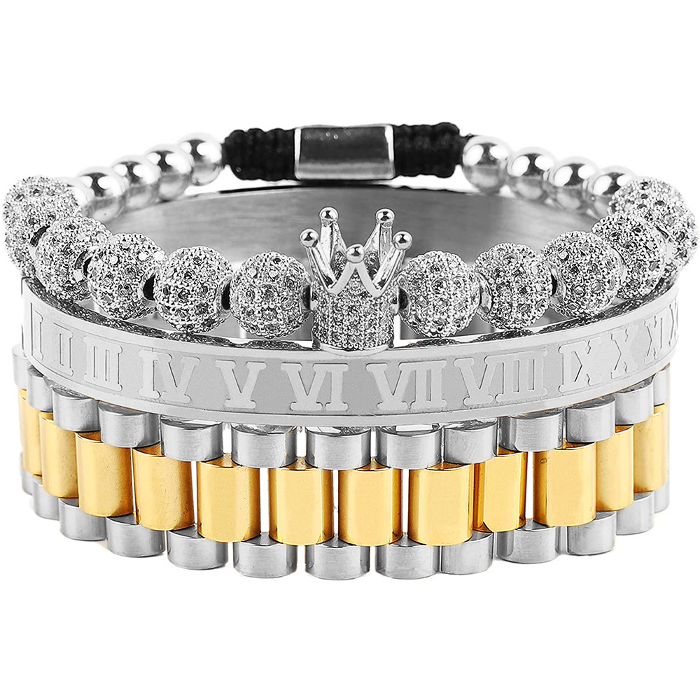 3pcs/set Imperial Crown King Mens Bracelet Pave CZ Gold Bracelets for Men Luxury Charm Fashion Cuff Bangle Birthday Jewelry