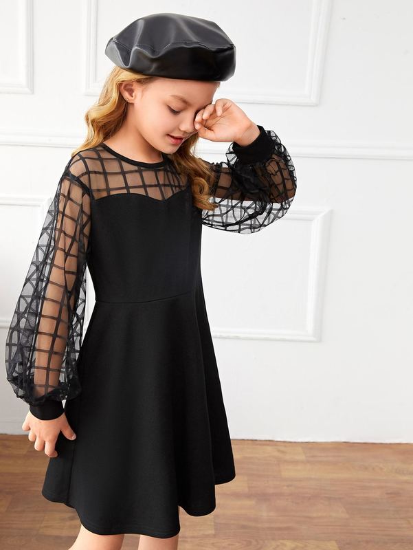 Girls Contrast Plaid Mesh Lantern Sleeve Dress SHE