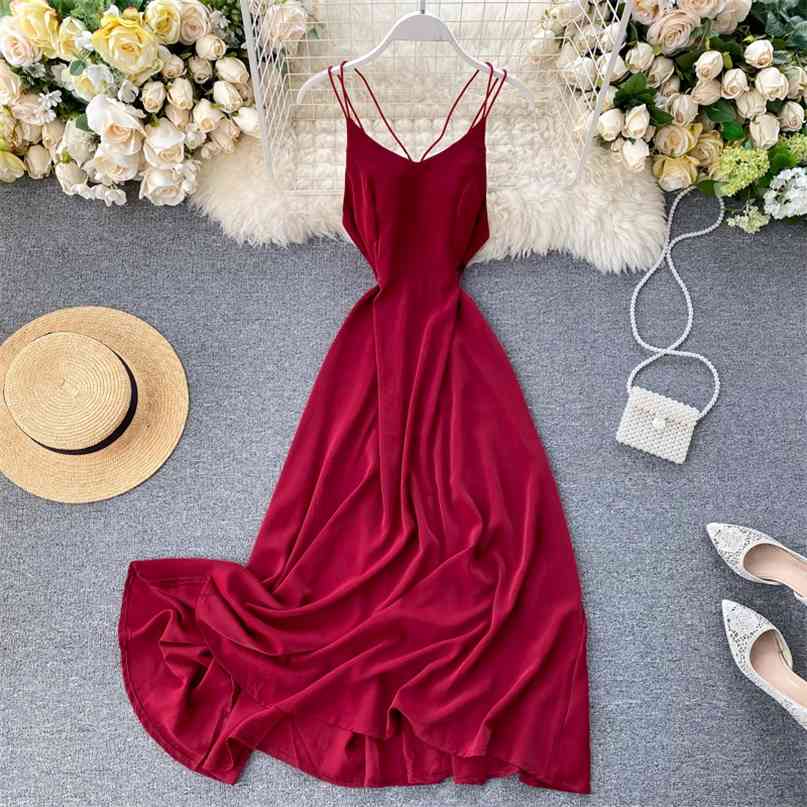 Elegant Clothes Seaside Holiday Backless High-waisted Slimming Solid Color Dress Women Sleeveless Vestidos De Fiesta L508 210527
