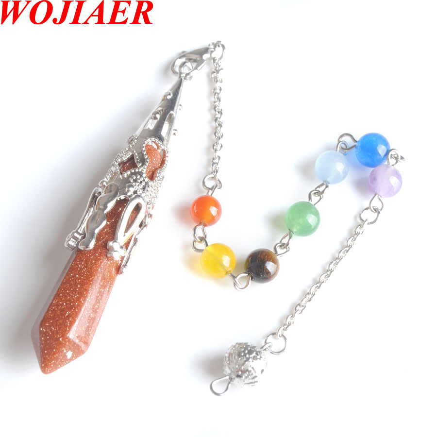 WOJIAER 2021 New 7 Chakra Pendulums Hexagonal Prism Pendant Natural Stone Amethyst Tigers eye Pendulo for Men And Women BO941