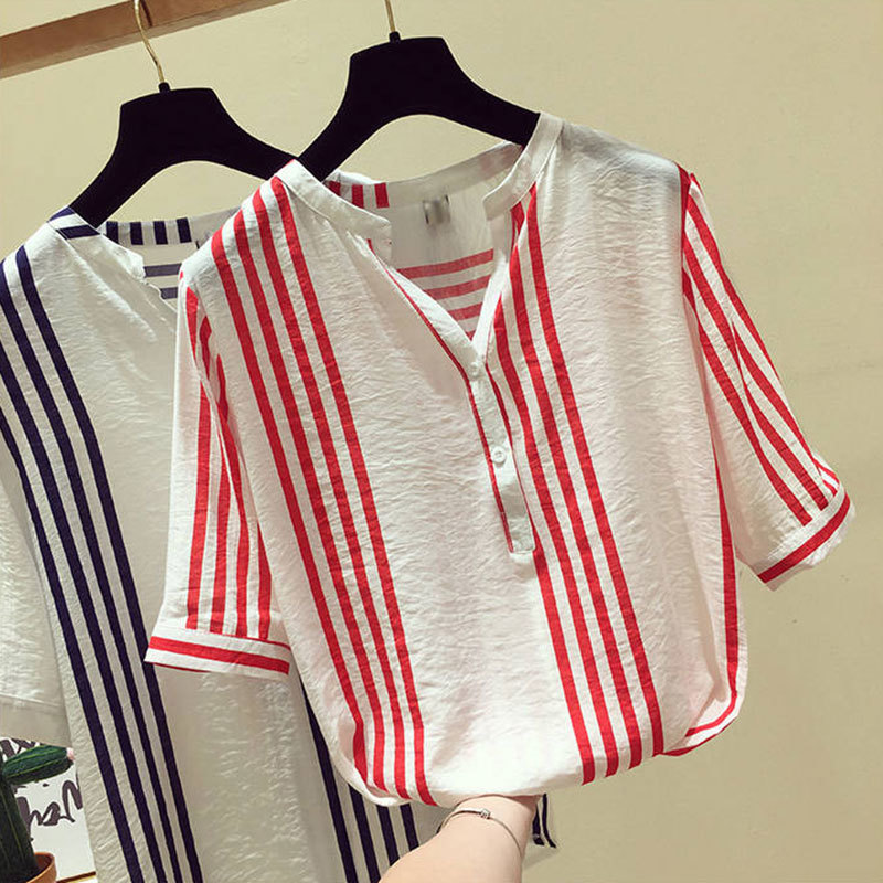 F&je New Summer Women Shirt Plus Size Short Sleeve Loose Casual V-neck Ladies Tops Vertical Striped Blouses Big Size S-5XL D19 210225