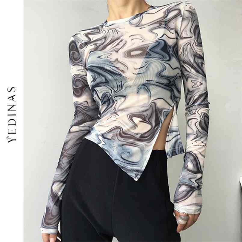 Yedinas Sexy Slim Tie Dye T-shirt Long Sleeve Split Design Irregular T Shirts Women See Through Mesh Tee Shirt Chic Skinny Tops 210708, Like picture 
Yedinas Sexy Slim Tie Dye T-shirt Long Sleeve Split Design Irregular T Shirts Women See Through Mesh Tee Shirt Chic Skinny Tops 210708, Like picture