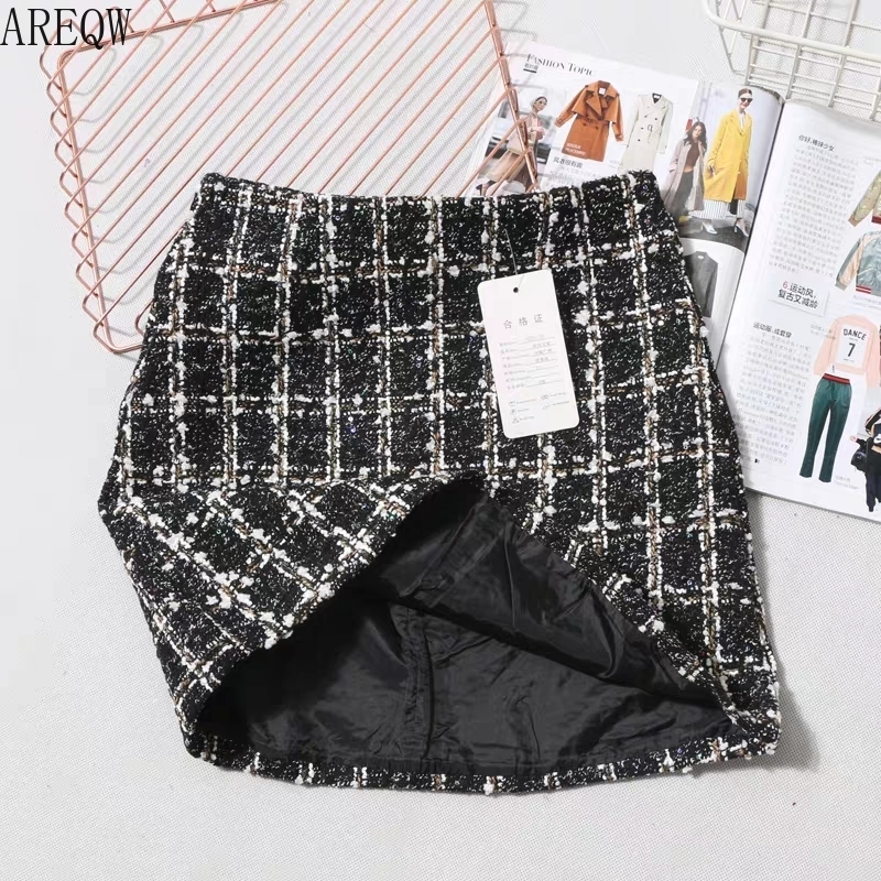 Black Tweed Skirt 2021 New Spring Autumn Skirts Womens Mini Black Skirt 210309
