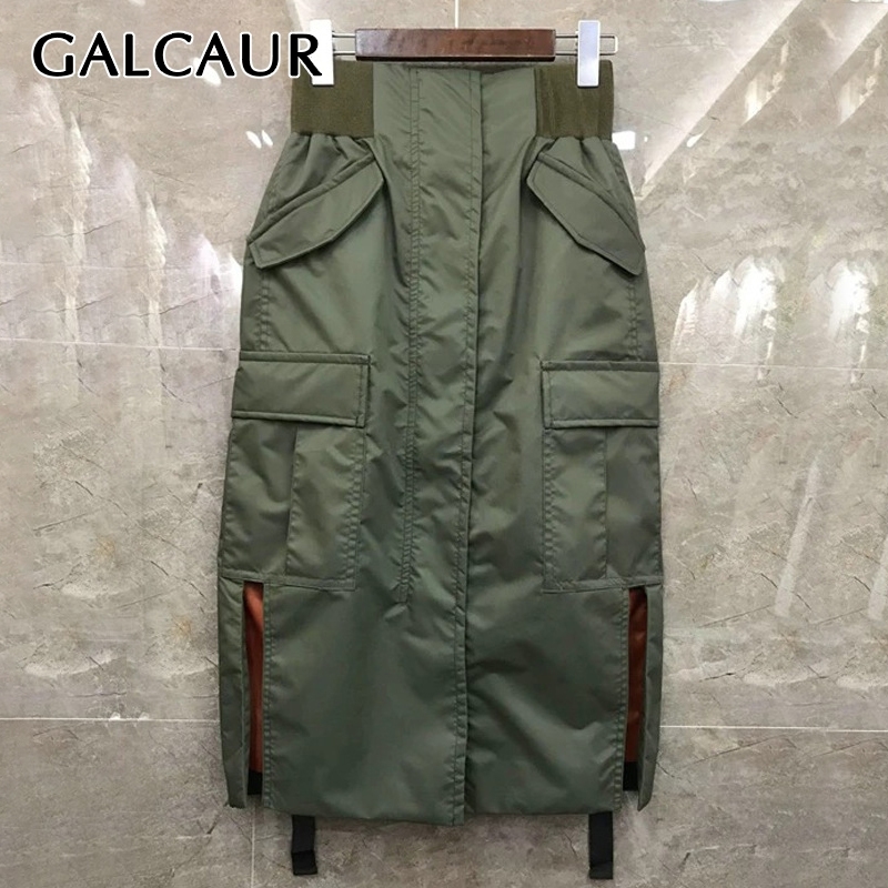 GALCAUR Straight Skirt For Women High Waist Patchwork Pockets Hit Color Loose High Street Skirts Female Autumn Clothing New 210309