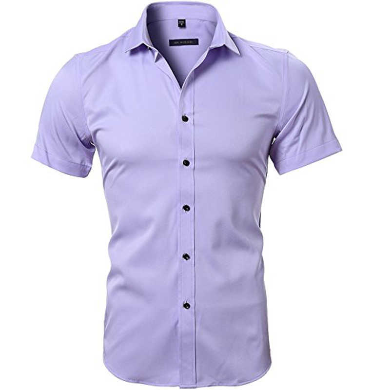 Blue Bamboo Fiber Shirt Men Summer Short Sleeve Mens Dress Shirts Casual Slim Fit Easy Care Solid Non Iron Chemise Homme 210721