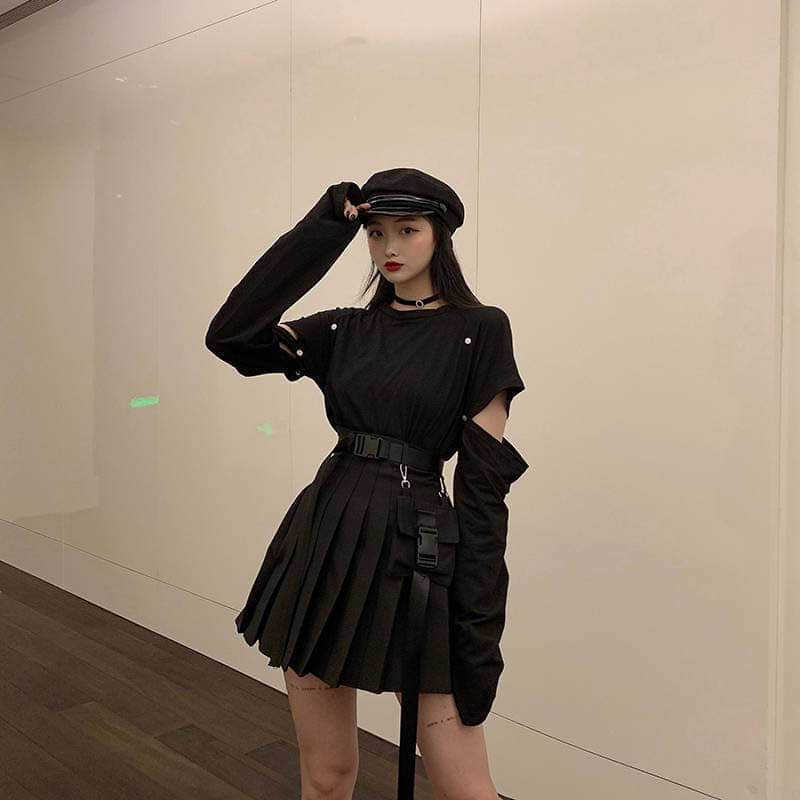 two piece set women Retro Hong Kong style disassembly long-sleeved T-shirt top + pleated skirt fashion summer suit 210526