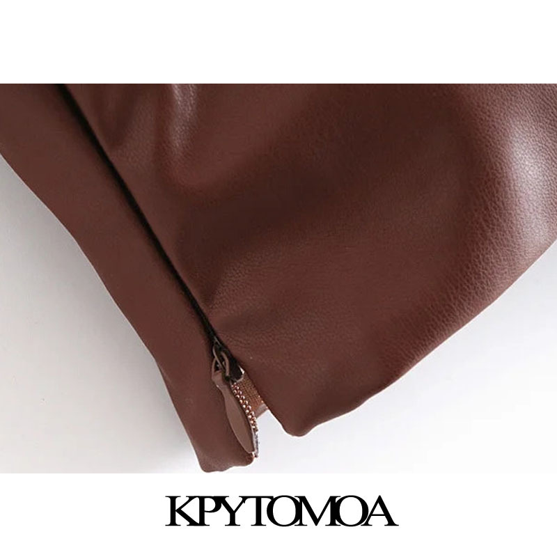 KPYTOMOA Women Sexy Fashion Faux Leather Cropped Tank Top Vintage Backless Side Zipper Thin Straps Female Camis Chic Tops 210308