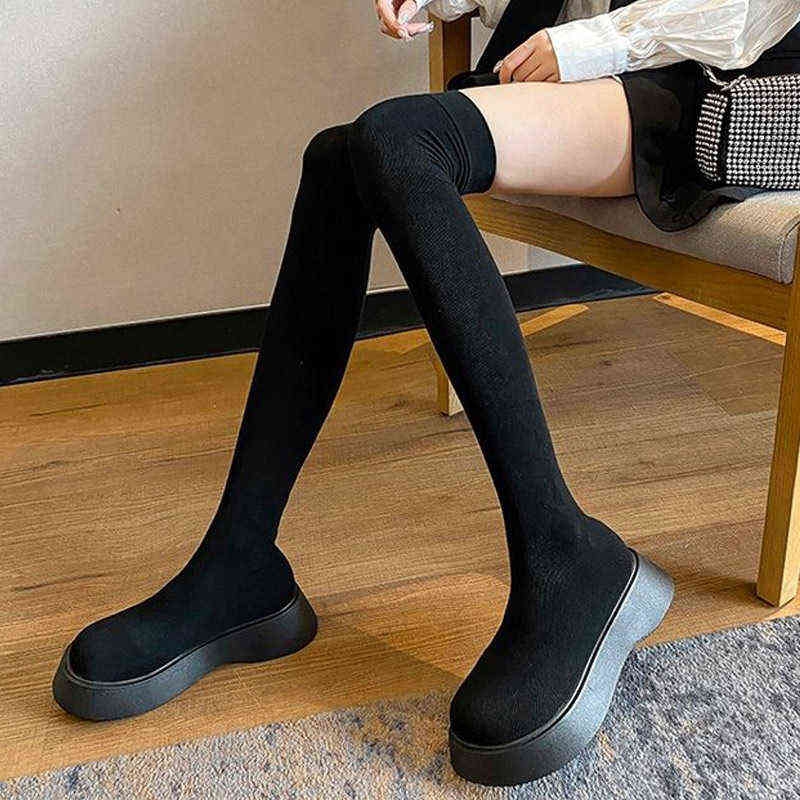 Women Over The Knee Boots Stretch Fabric Solid Ladies Sock Boots Slip On Fashion Female Long Boots Autumn Elegant Platform Shoes H1116