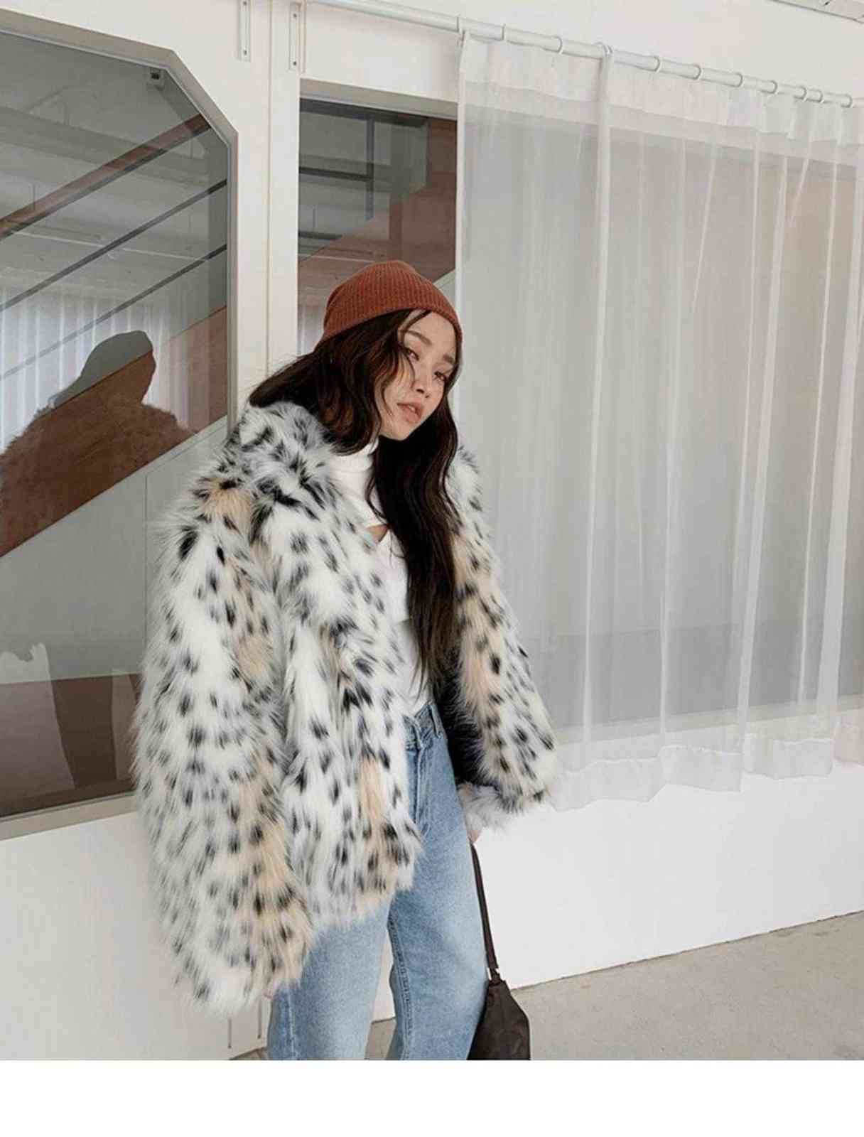 HIGH QUALITY Winter Notched Collar Hairy Shaggy Tuscan Cat Leopard Fur Jacket Long sleeve Furry Fur Women Jacket Short Outerwear 211123