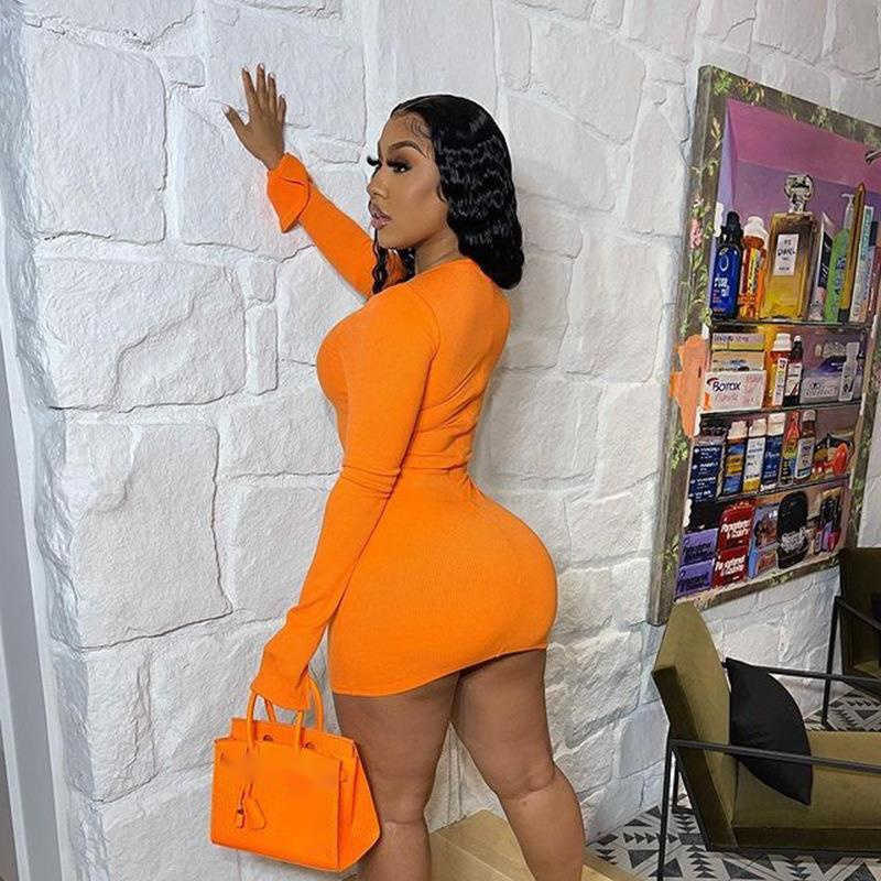 DEAT Women Spring Autumn Arrivals Solid Color Long Sleve Round Collar Sexy Fashion Drawstring Dress MZ868 210709