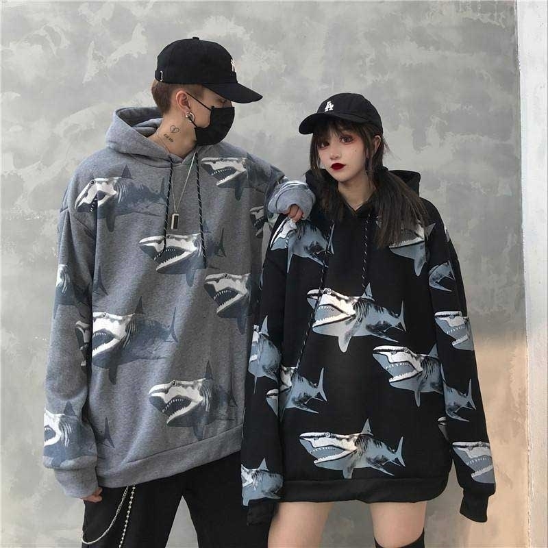 NiceMix Female winter new fashion ins shark print Harajuku loose casual plus velvet retro hip hop jacket jacket hoodie swea 201204