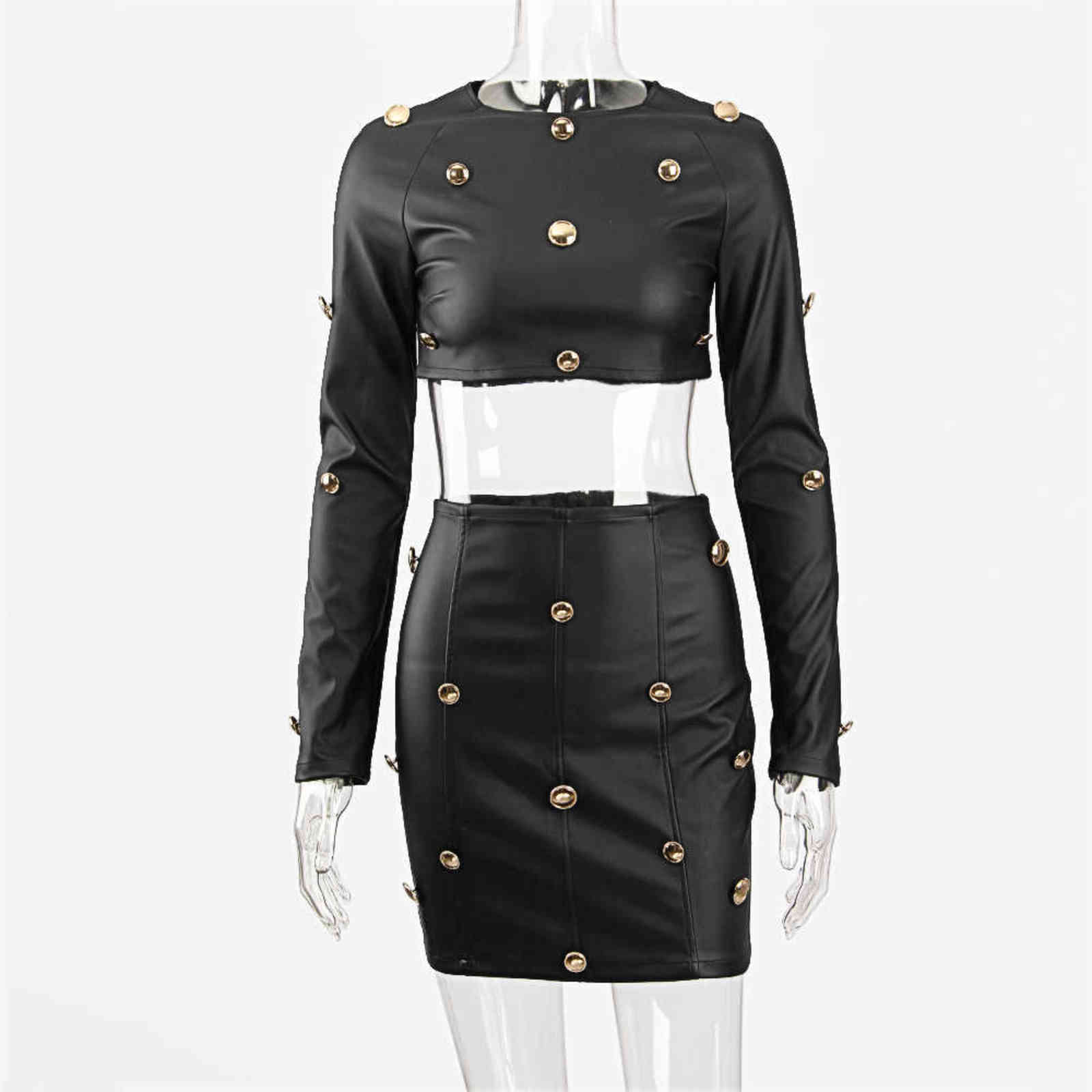 DEAT AutumnLeather Long Sleeve Crop Top Skirt With Gold Button Elegant Outfits Fall Women Two Piece Set ML581 211106