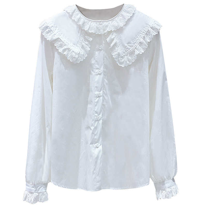 Sweet Lace Peter Pan Collar Loose Full Solid Shirt with Bottom Coat Flare Sleeve Blouse Women 210615