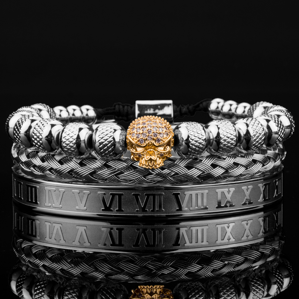 3pcs Luxury Roman Royal Skull Charm Men Stainless Steel Geometry Pulseiras Open Adjustable Bracelets Couple Jewelry